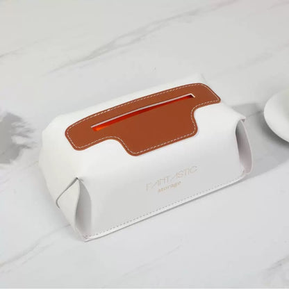 Modern White Faux Leather Tissue Box Cover – Decorative Facial Tissue Holder with Tan Accent
