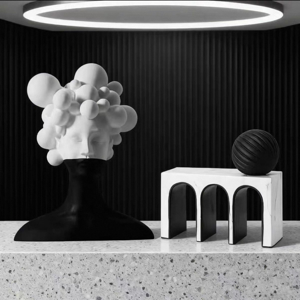 Black and White Female Bust Statue with Bubble Hair - Abstract Surrealist Resin Women Figure, Modern Home Decor Art Accent
