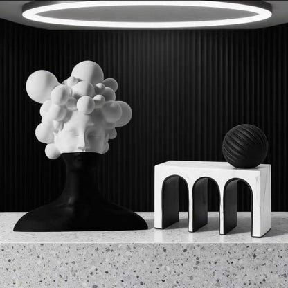 Black and White Female Bust Statue with Bubble Hair - Abstract Surrealist Resin Women Figure, Modern Home Decor Art Accent