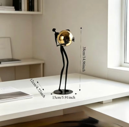 Abstract Metal Figurine with Gold Sphere - Modern Minimalist Human Statue for Living Room TV Stand, Luxury Tabletop Home Decor Accent