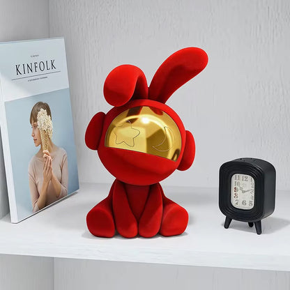 Modern Red Rabbit Astronaut Statue – Nordic Luxury Velvet Bunny Figurine with Gold Mirror Mas
