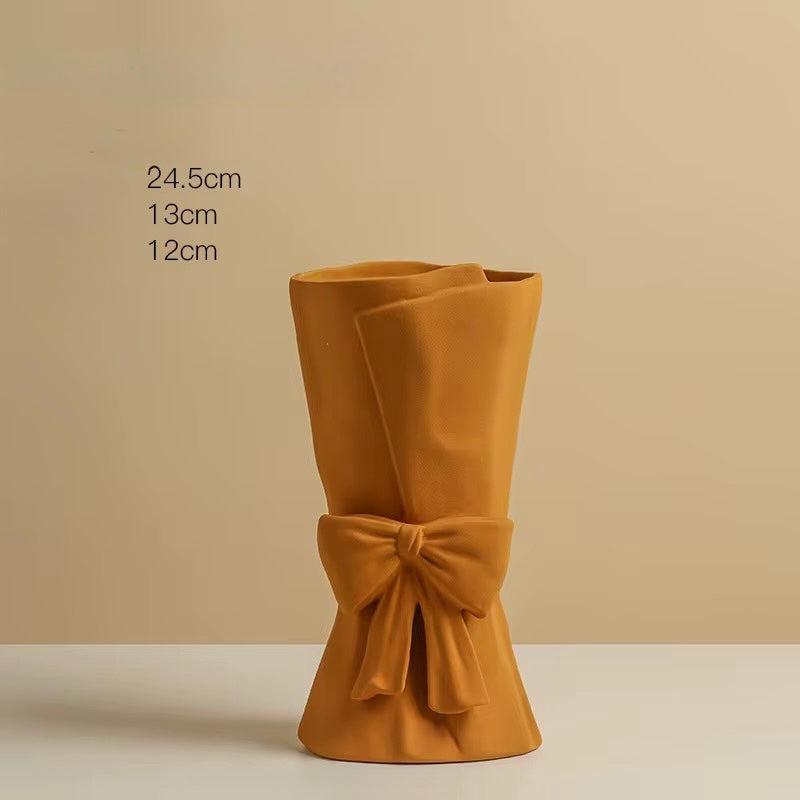 Modern Ceramic Bouquet Flower Vase – Nordic Mustard Yellow Decorative Bow Sculpture