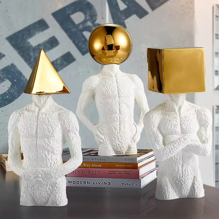 Modern Surrealist Male Bust Statue with Gold Cube - Nordic Textured White Male Body Sculpture for Luxury Living Room & Office Decor