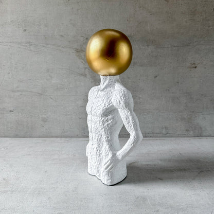 Modern Surrealist Male Bust Statue with Gold Sphere - Nordic Textured White Male Body Sculpture for Luxury Living Room & Office Decor