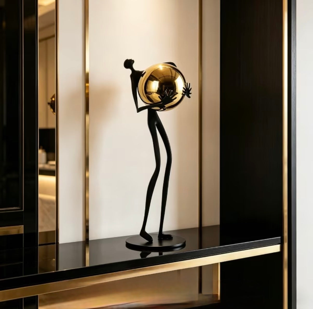 Abstract Metal Figurine with Gold Sphere - Modern Minimalist Human Statue for Living Room TV Stand, Luxury Tabletop Home Decor Accent
