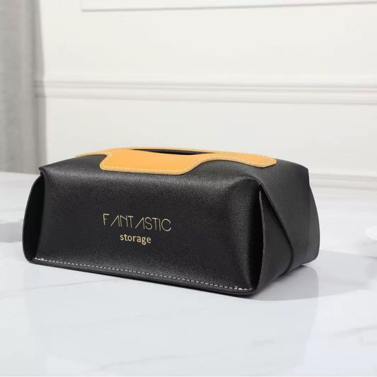 Black Faux Leather Tissue Box Cover – Modern Facial Tissue Holder with Yellow Accent