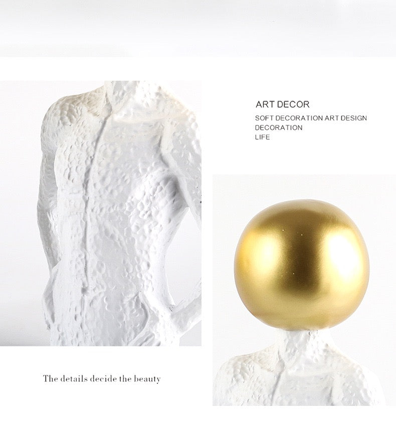 Modern Surrealist Male Bust Statue with Gold Sphere - Nordic Textured White Male Body Sculpture for Luxury Living Room & Office Decor