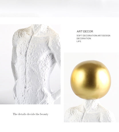 Modern Surrealist Male Bust Statue with Gold Sphere - Nordic Textured White Male Body Sculpture for Luxury Living Room & Office Decor