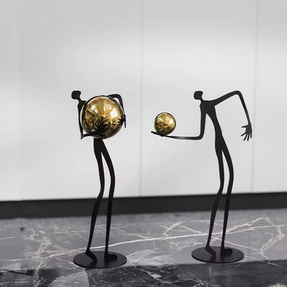 Abstract Metal Figurine Balancing Gold Sphere - Modern Elongated Human Statue for Entryway Console, Luxury Office Desk Decor Accent