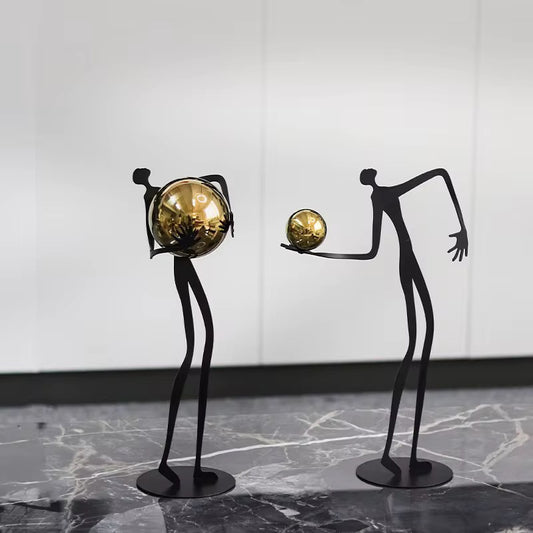 Abstract Metal Figurine Balancing Gold Sphere - Modern Elongated Human Statue for Entryway Console, Luxury Office Desk Decor Accent