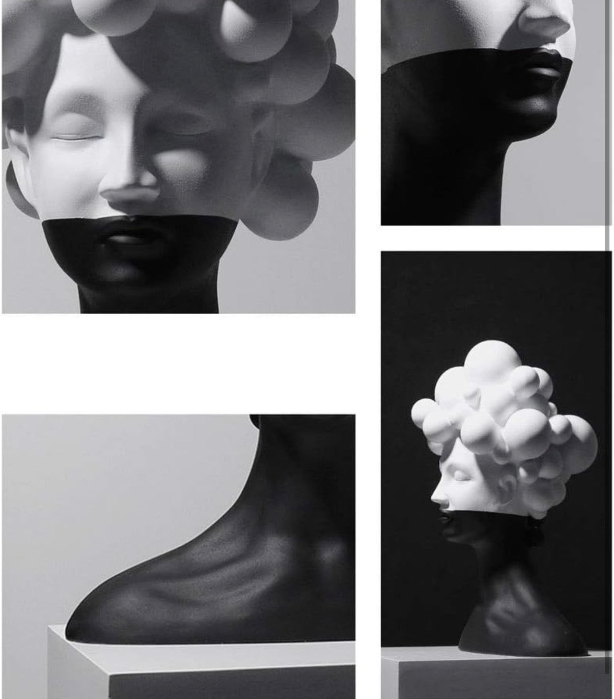 Black and White Female Bust Statue with Bubble Hair - Abstract Surrealist Resin Women Figure, Modern Home Decor Art Accent