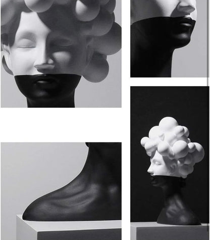 Black and White Female Bust Statue with Bubble Hair - Abstract Surrealist Resin Women Figure, Modern Home Decor Art Accent