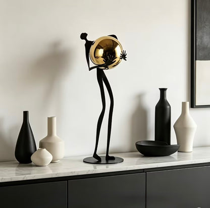 Abstract Metal Figurine with Gold Sphere - Modern Minimalist Human Statue for Living Room TV Stand, Luxury Tabletop Home Decor Accent