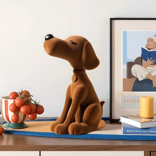 A brown dog-shaped decorative sculpture sits on a tabletop in a styled interior setting, next to a bowl of tomatoes, a yellow candle, books, and a framed art print.