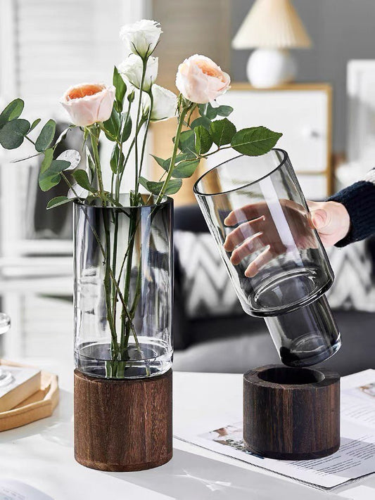 Glass vase with wooden base