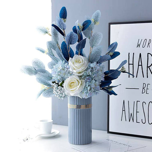 Flower arrangement, blue vase and flowers 55 cm