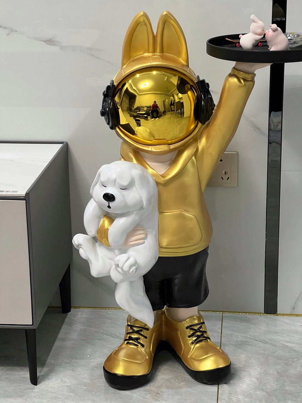 Coffee table space rabbit with puppy, gold 80 cm