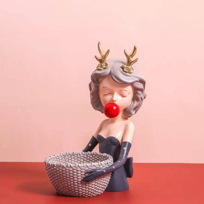 Figurine girl with basket and girl with tray set of 2 pieces