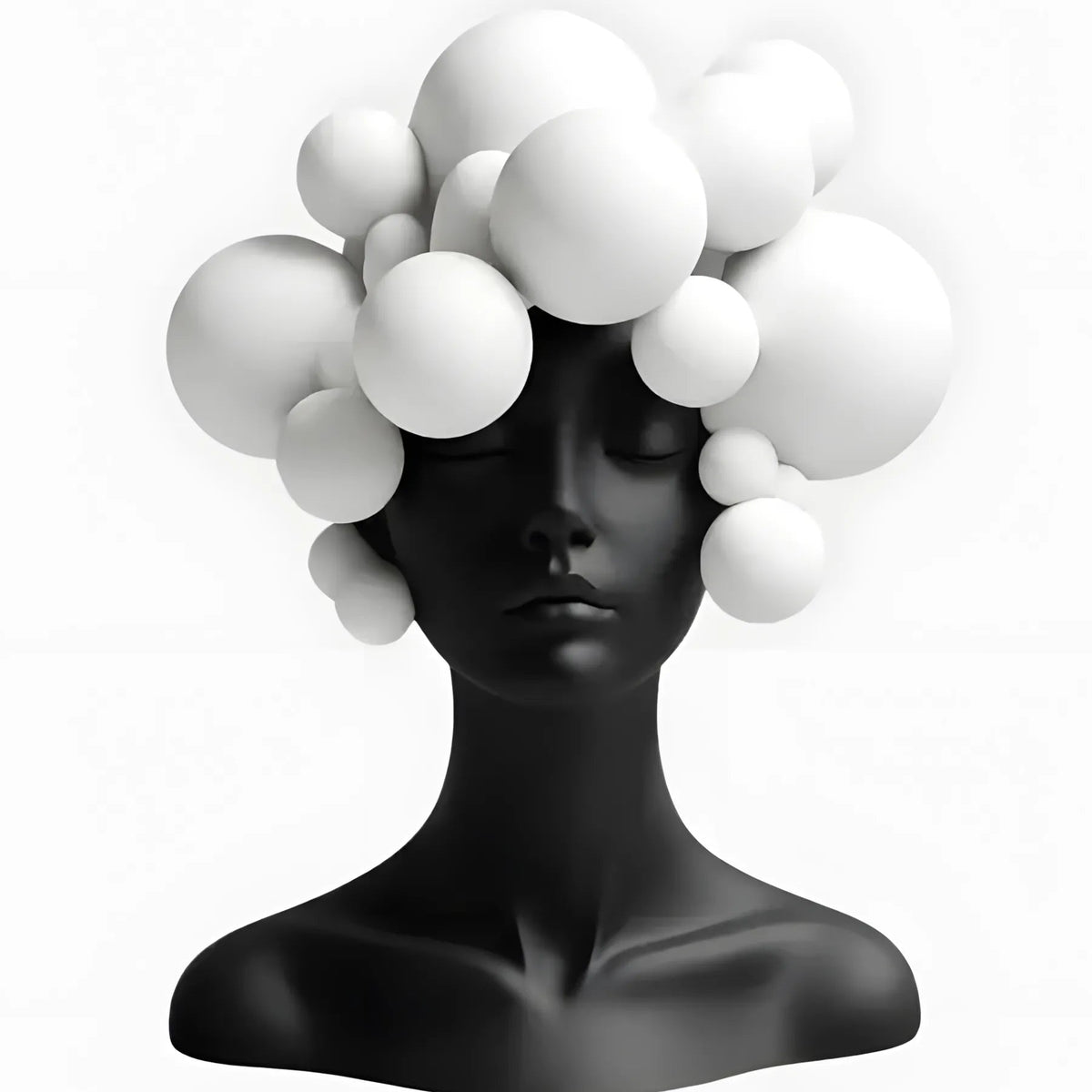 Black mannequin head with a decorative white bubble headpiece on a light gray background