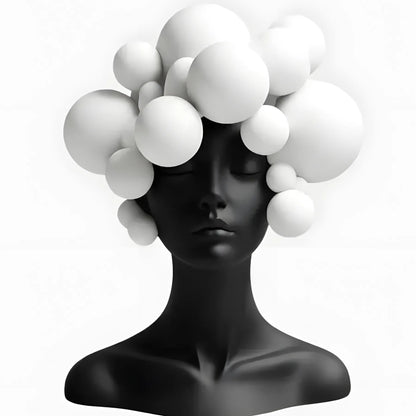 Black mannequin head with a decorative white bubble headpiece on a light gray background