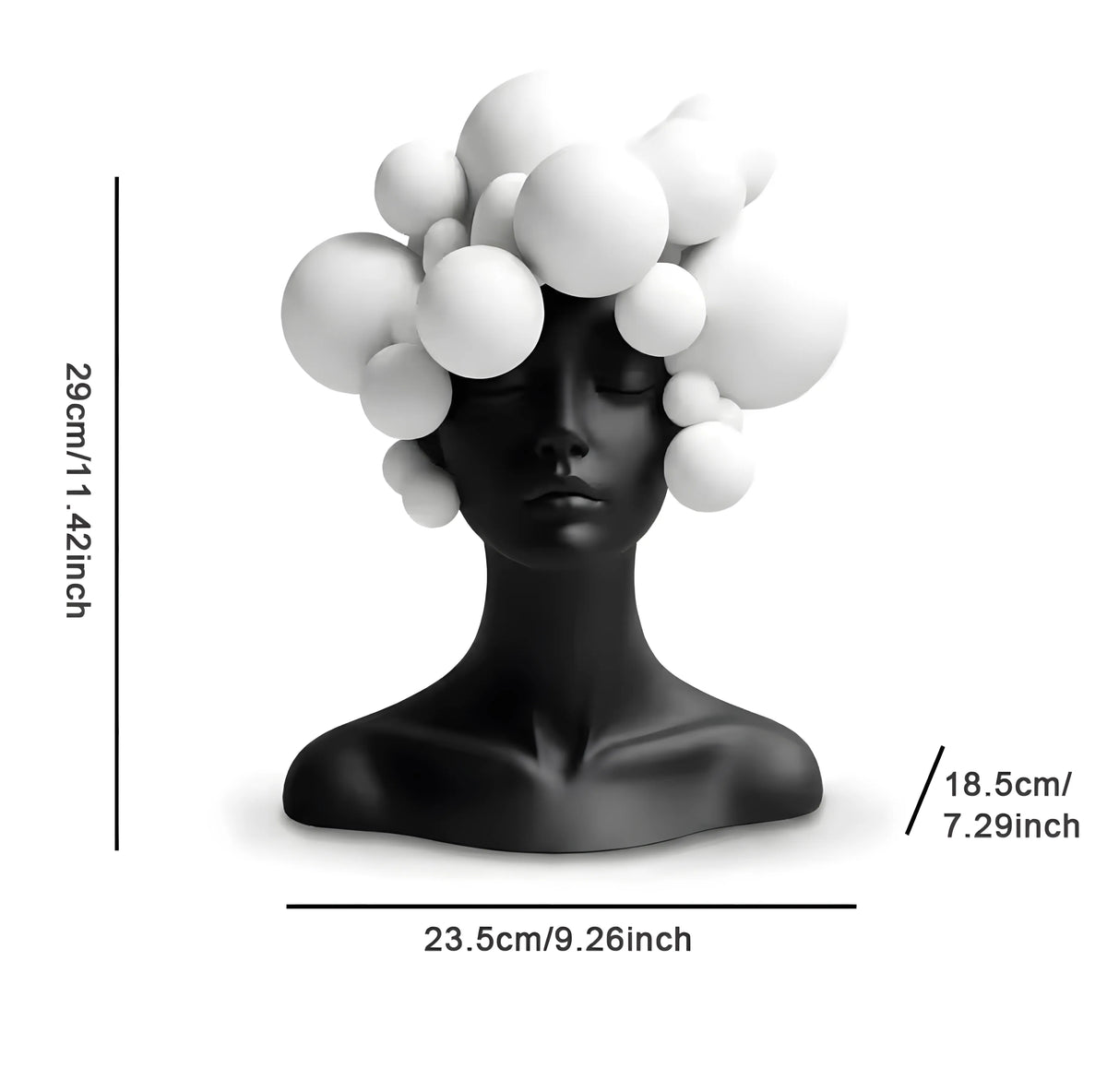 Black mannequin head with white bubble-like decorations, shown with measurements on a white background.