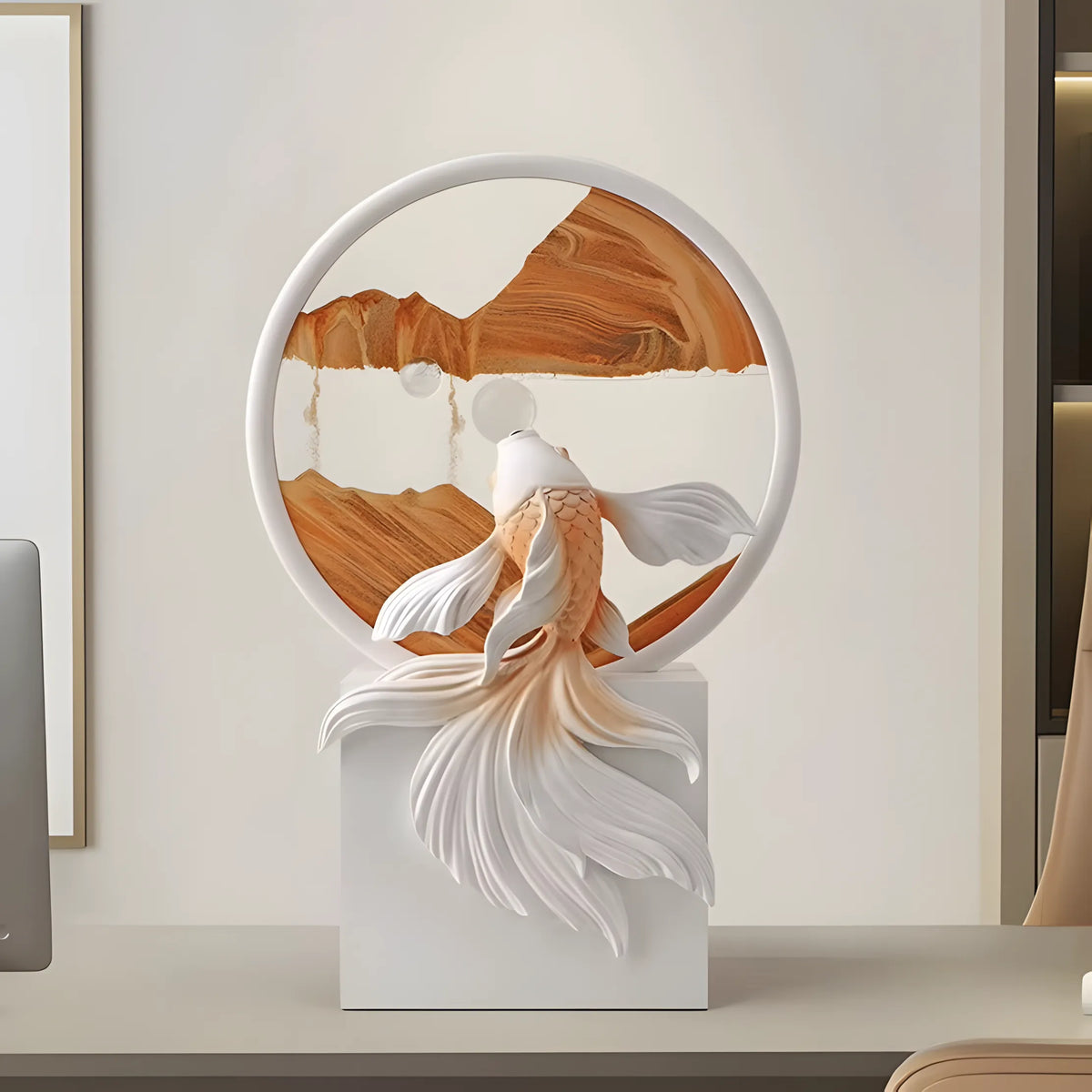 A decorative sculpture of a goldfish in front of a circular wooden and white wall art piece, mounted on a white pedestal in a modern interior setting.