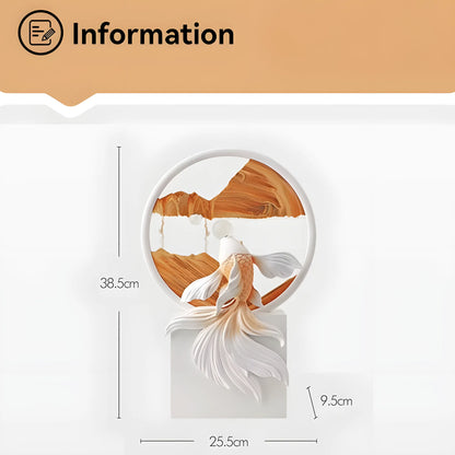 Product dimension diagram showing a decorative wall hook with a fish sculpture and wood-look inlay. The image includes measurement labels: 38.