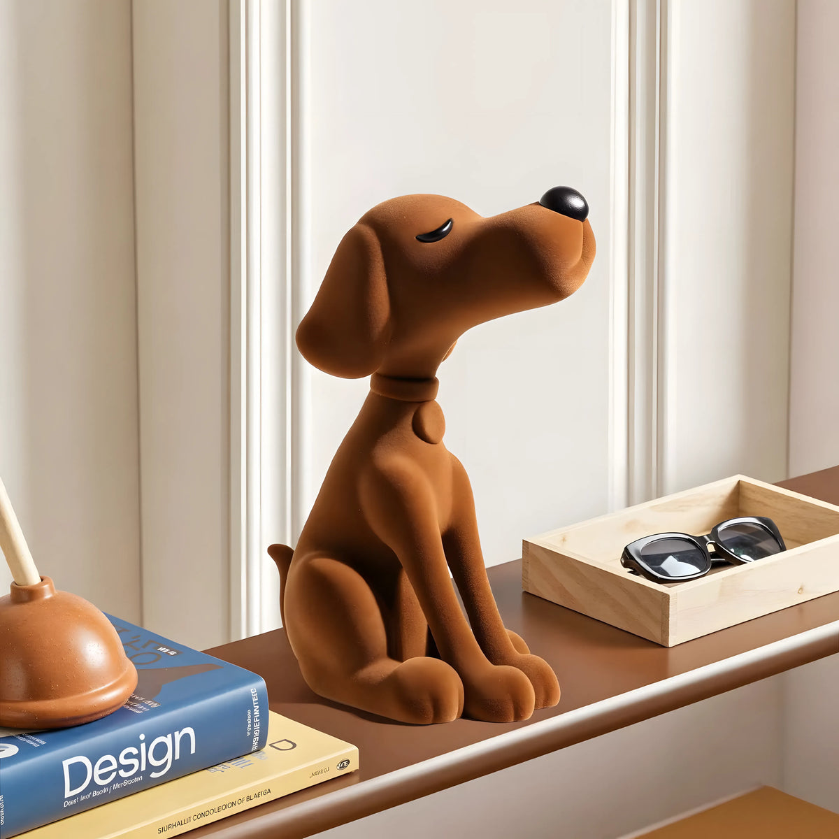 A brown dog-shaped decorative object sits on a windowsill in a real interior setting, with books, a plunger, and sunglasses nearby. Because a real environment is present, this is Lifestyle rather than Product/Packaging.