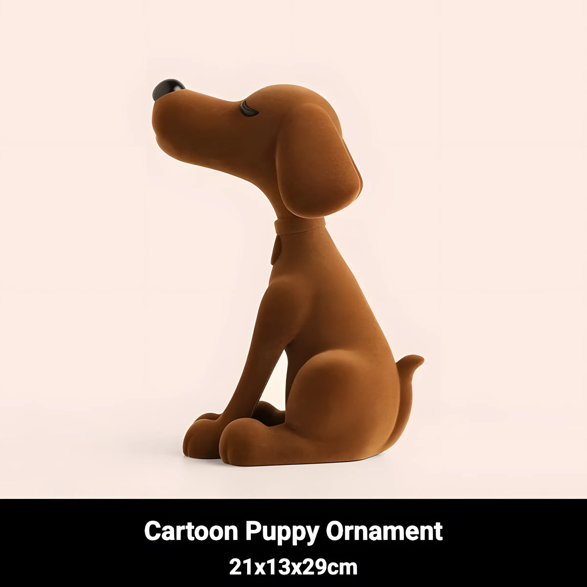 A brown cartoon puppy dog ornament shown in a sitting pose against a light beige background, with a black banner at the bottom reading 'Cartoon Puppy Ornament 21x13x29cm'.
