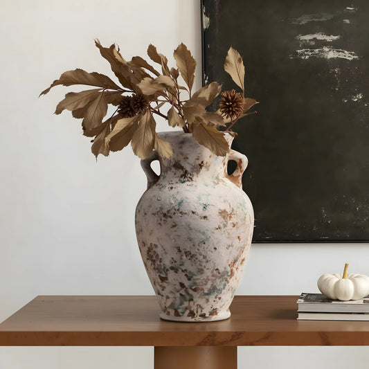 Rustic Wabi-Sabi Distressed Ceramic Urn Vase — Vintage Two-Handled Amphora Vessel