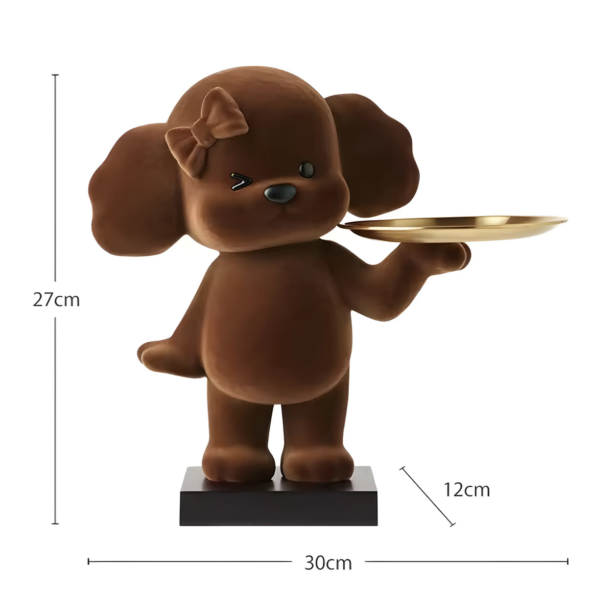 A brown cartoon dog figurine holding a gold tray, standing on a black base, with dimension labels showing 27cm height, 12cm tray width, and 30cm base width on a white background.