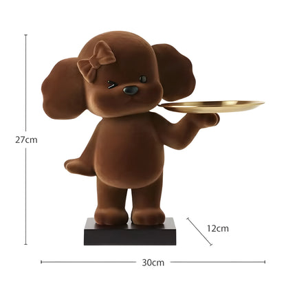 A brown cartoon dog figurine holding a gold tray, standing on a black base, with dimension labels showing 27cm height, 12cm tray width, and 30cm base width on a white background.