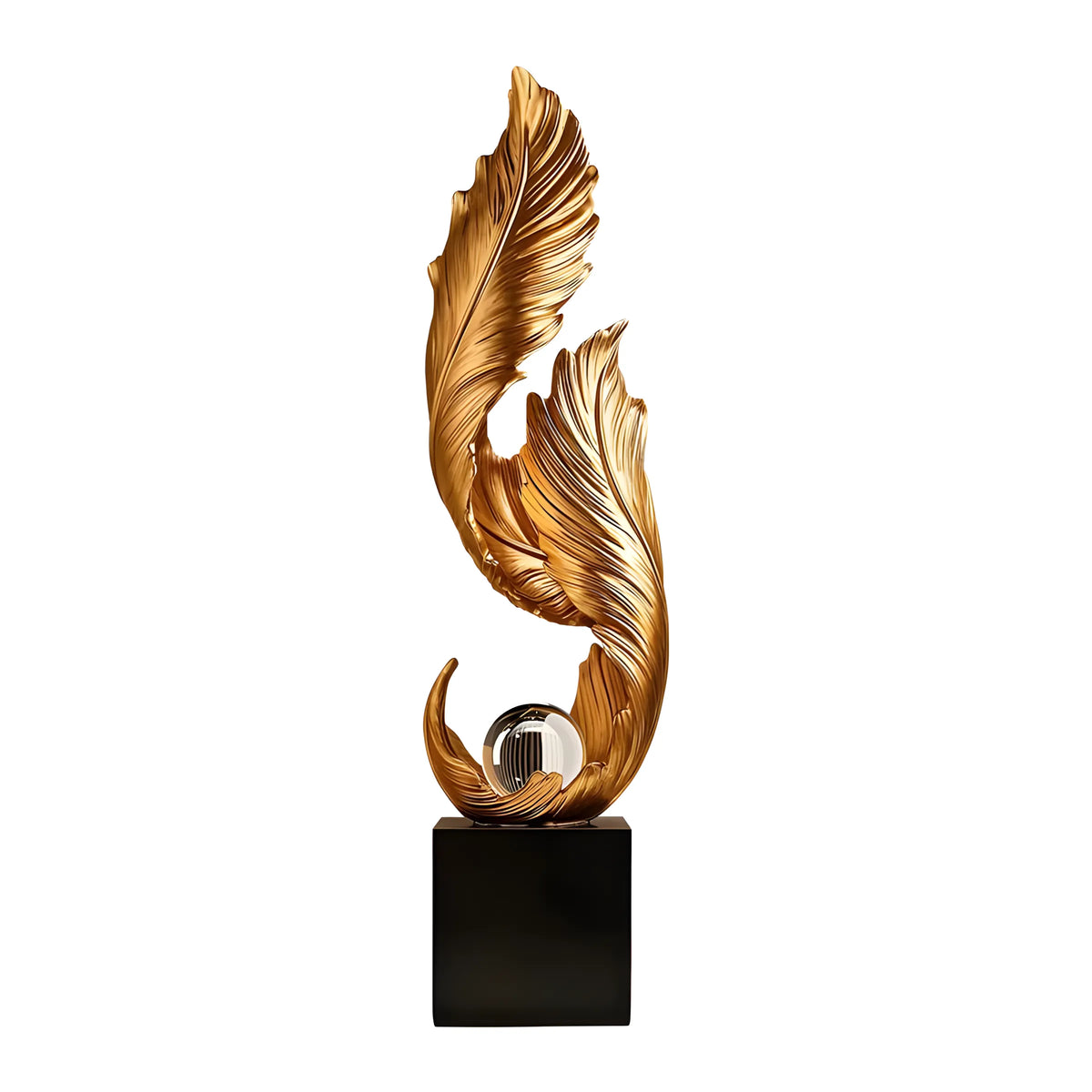 A modern decorative sculpture featuring a flowing, leaf-like metallic gold form rising from a black rectangular base, with a clear glass sphere containing a small black object inside. Shown on a plain white background.