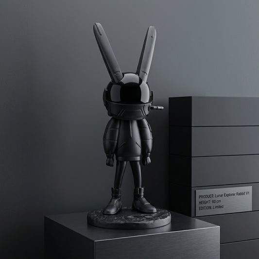 A glossy black Lunar Explorer Rabbit figurine standing on a circular base, displayed next to a dark gray box with a product label in a minimalist studio setting.