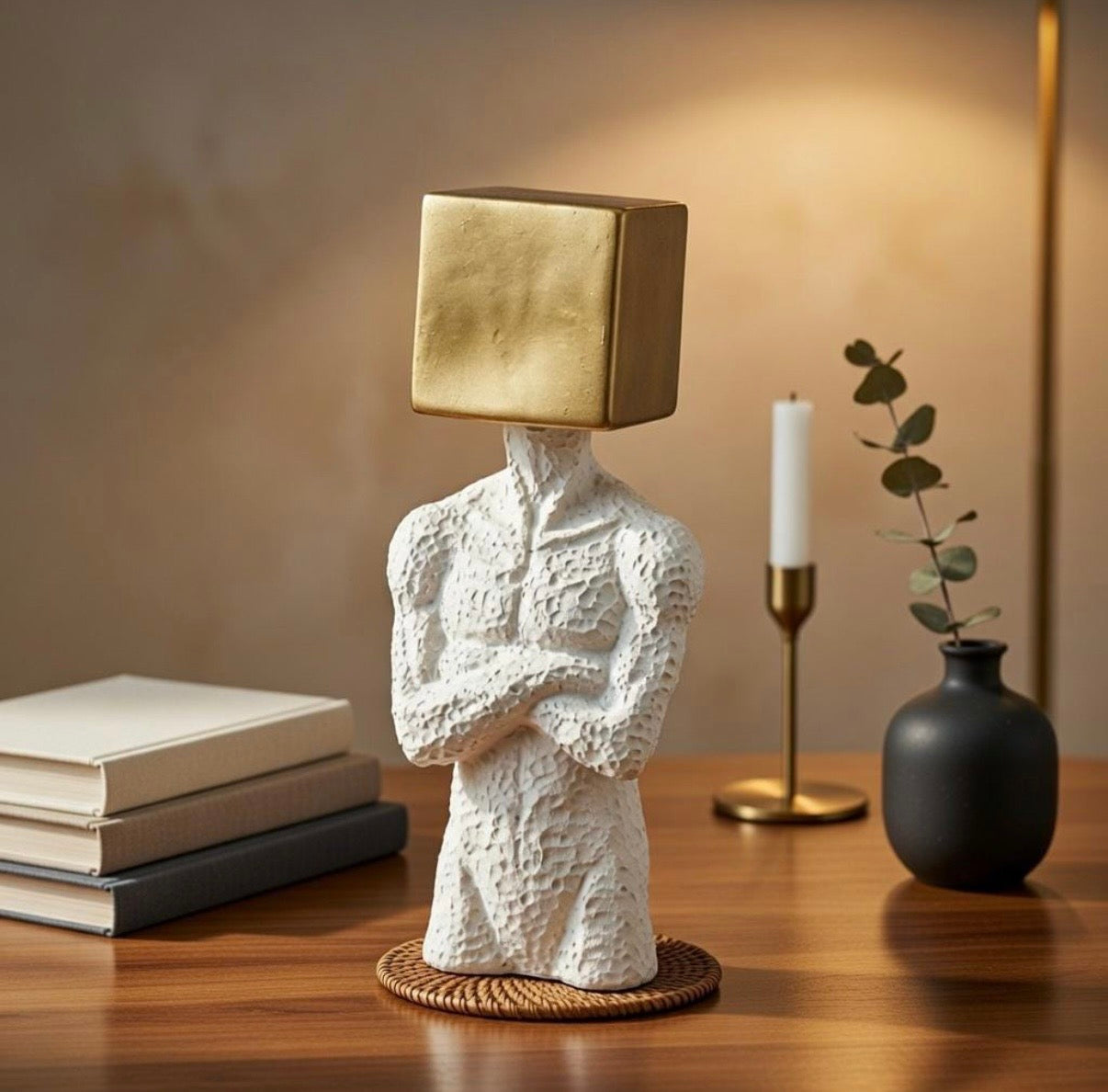 Decorative figurine with a gold square shade on a wooden surface with books and a candle.
