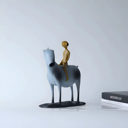 Modern Metal Horse and Rider Sculpture – Abstract Blue and Gold Art Figurine