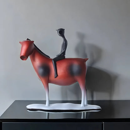 Modern Ceramic Horse and Rider Sculpture – Red and Black Abstract Figurine