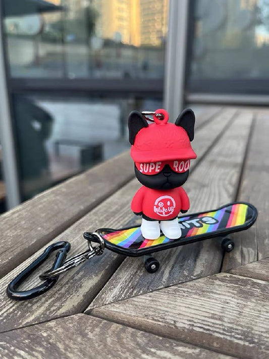 Keychain dog with skateboard red