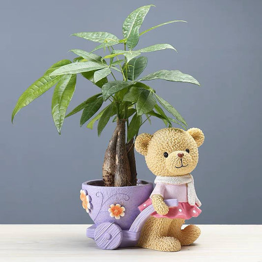 Plant pot bear girl with a stroller