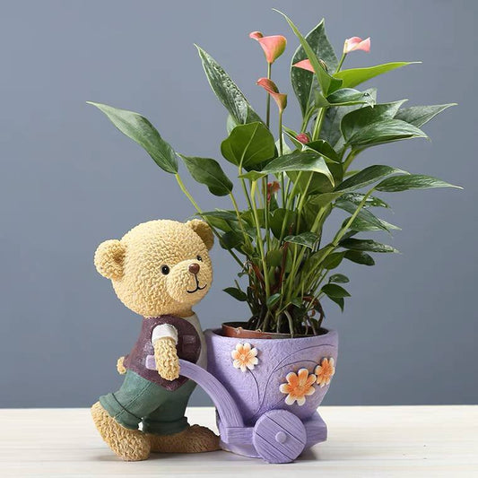 Plant pot bear boy with a stroller