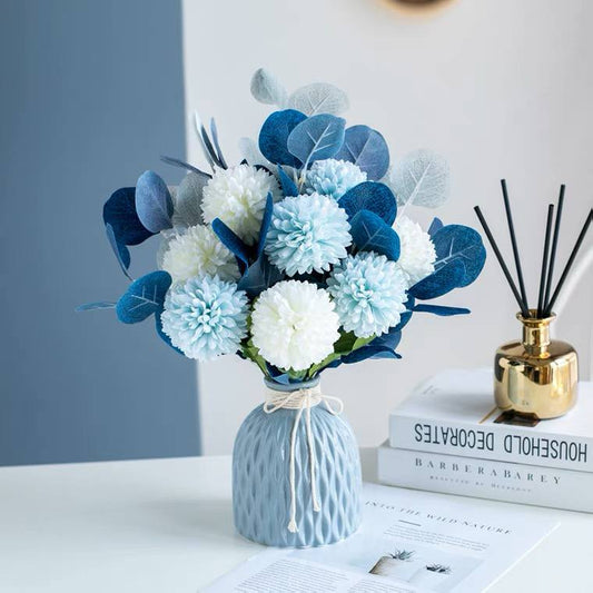 Flower arrangement, blue vase and flowers 40 cm