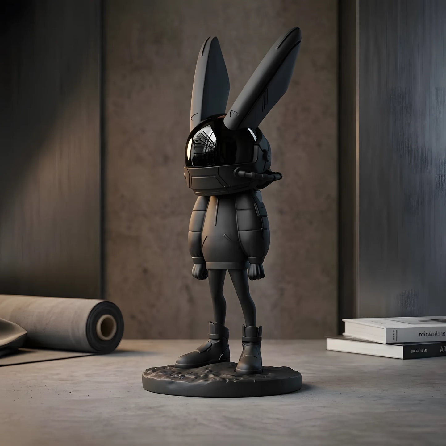 Side view of the large 60cm matte black astronaut rabbit statue with a glossy helmet visor standing in a modern minimalist concrete interior setup