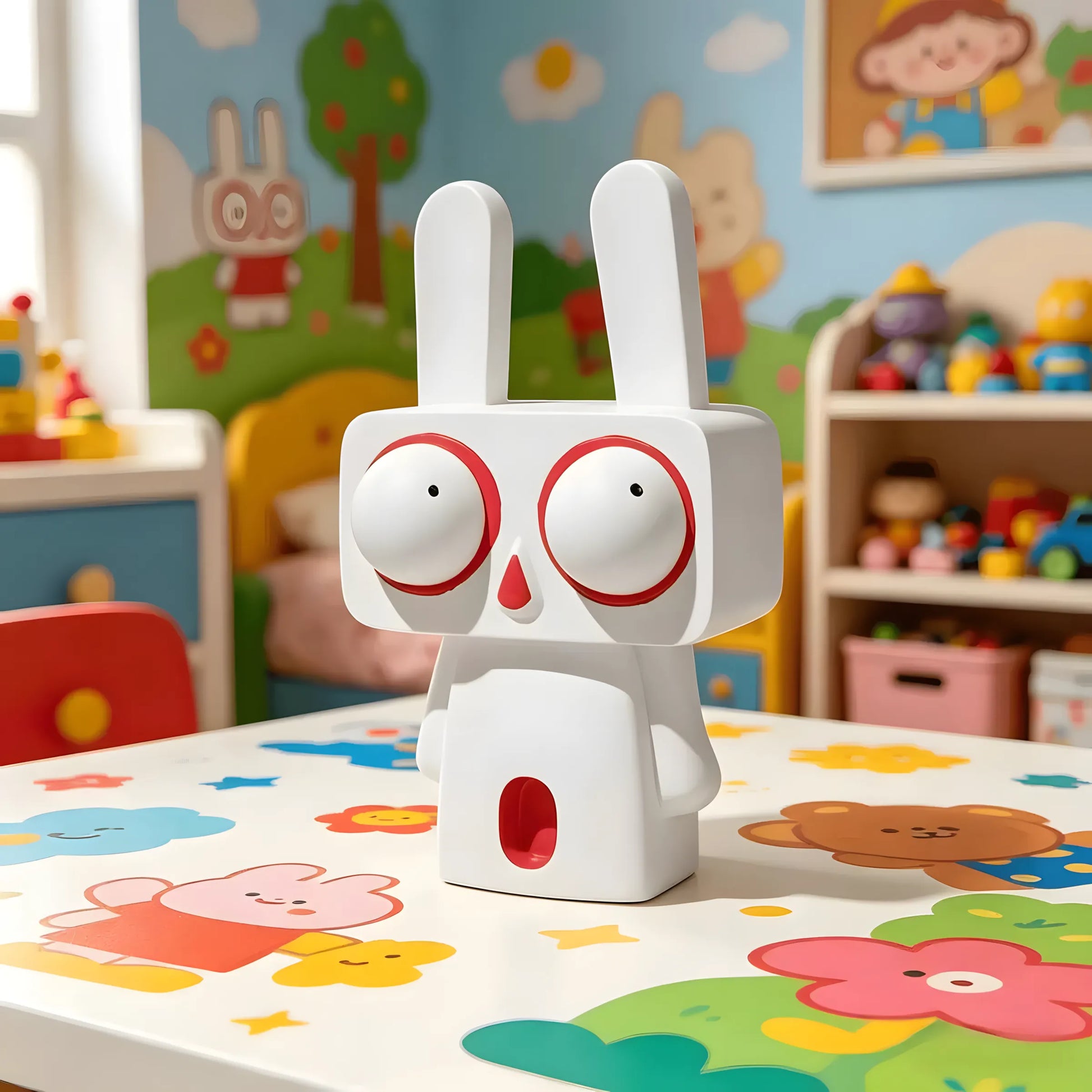 The 33cm white pop art bunny figurine standing on a colorful patterned kids table in a bright playroom interior
