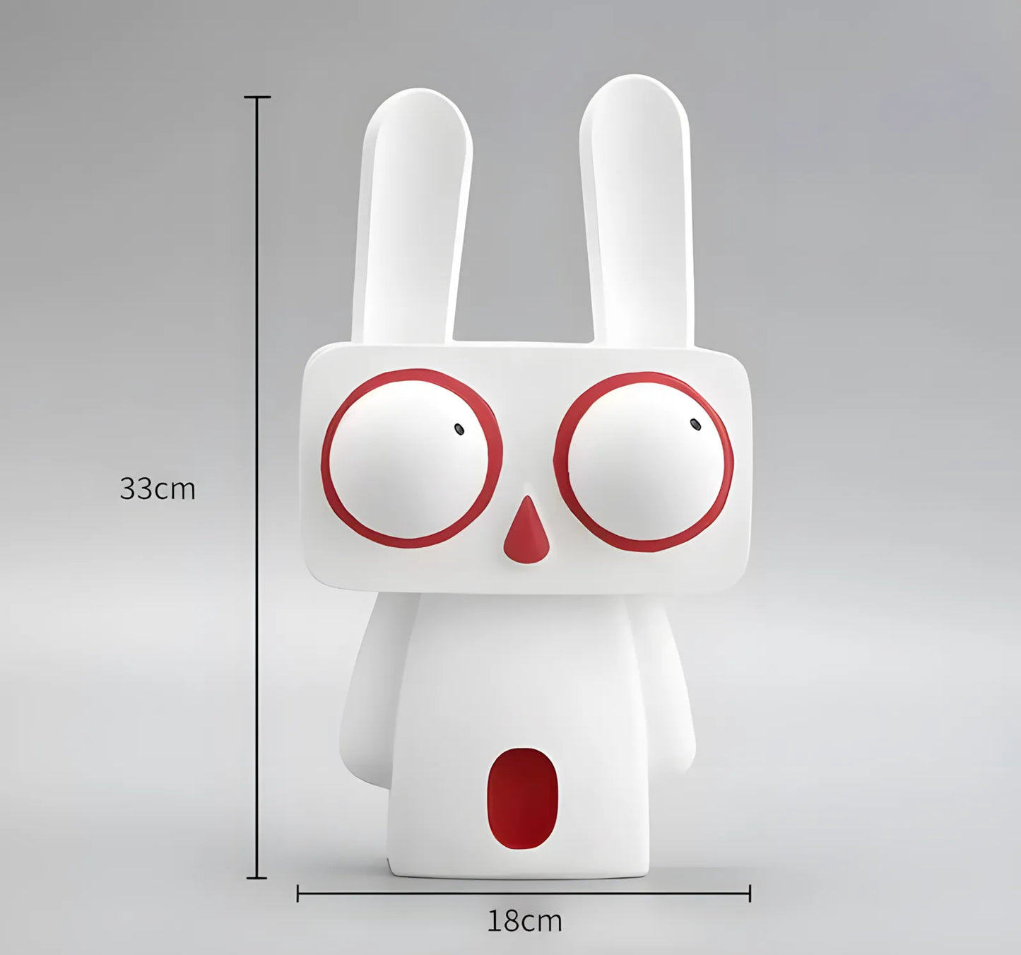 Product sizing diagram for the large white pop art rabbit figurine showing 33cm height and 18cm width against a gray background