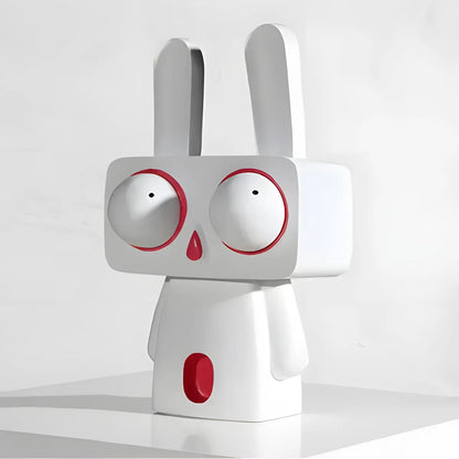 Front three-quarter view of the large white pop art rabbit designer toy standing on a white display pedestal