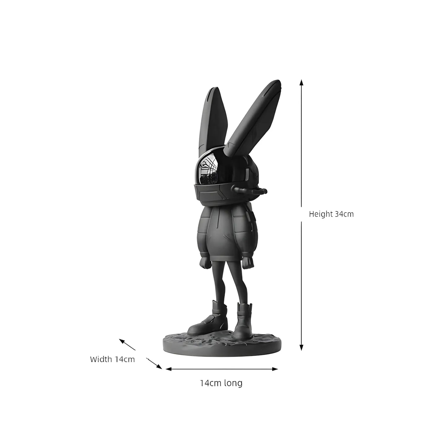Product dimensions diagram for the mid size astronaut rabbit sculpture showing 34cm height, 14cm length, and 14cm width