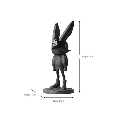 Product dimensions diagram for the mid size astronaut rabbit sculpture showing 34cm height, 14cm length, and 14cm width