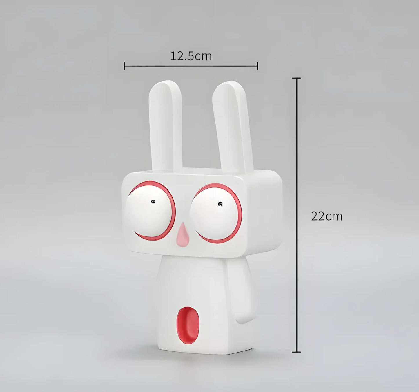 Product dimensions diagram for the white pop art rabbit sculpture showing 22cm height and 12.5cm width against a light gray background