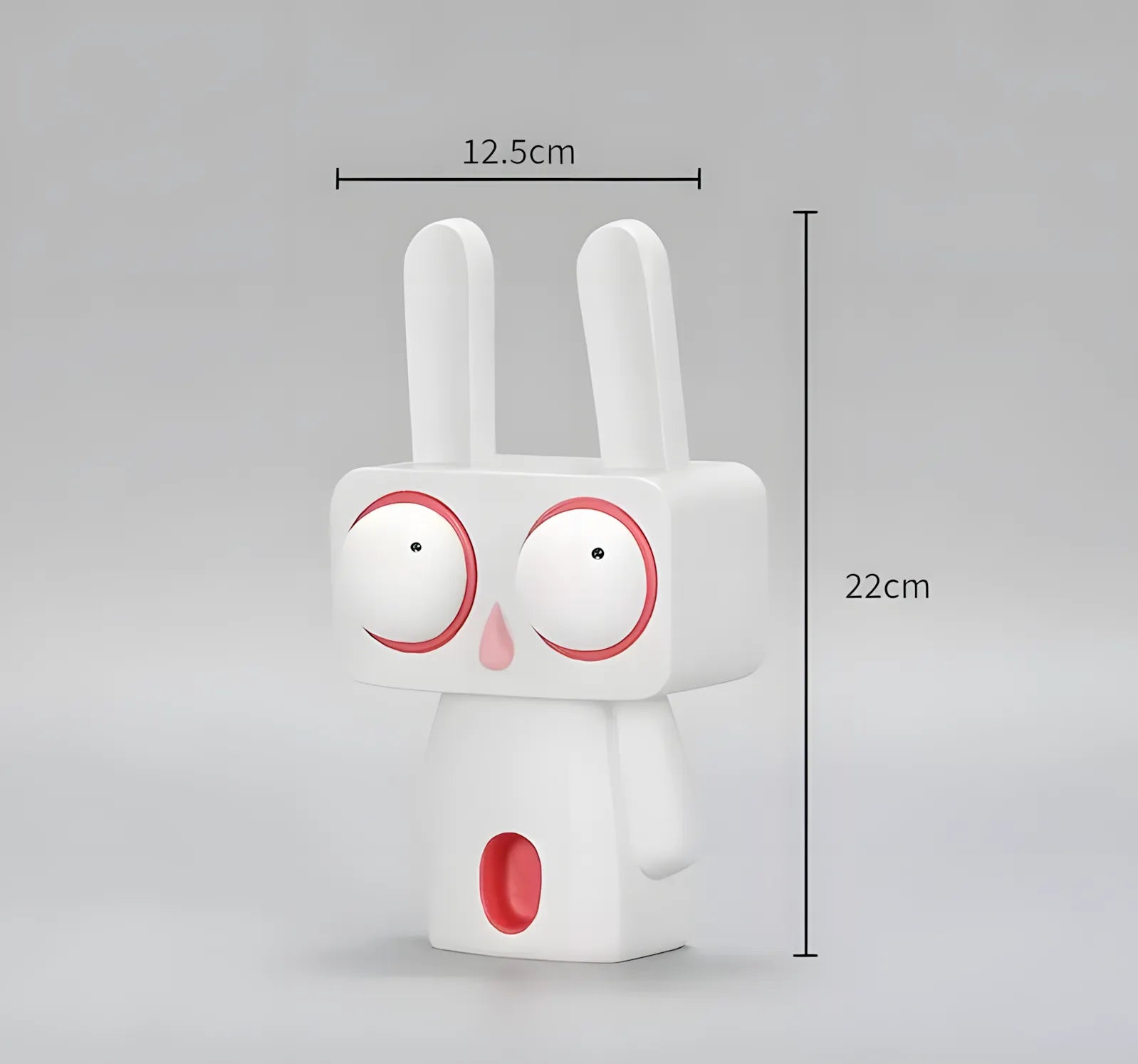 Product dimensions diagram for the white pop art rabbit sculpture showing 22cm height and 12.5cm width against a light gray background