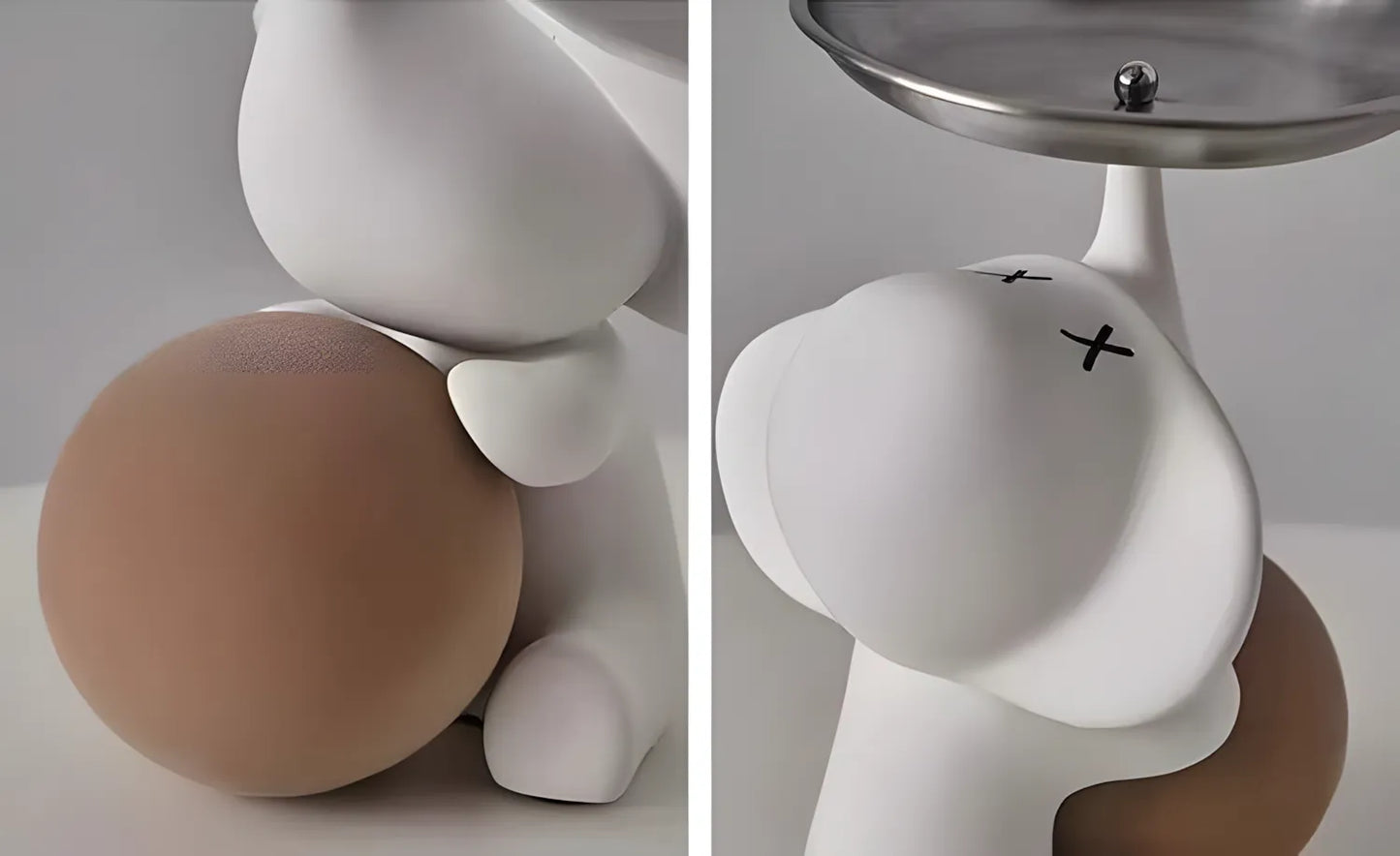 Close up split view focusing on the smooth matte finish of the white elephant sculpture and the minimalist X eyes